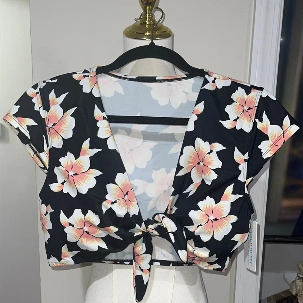 Floral Bathing Suit Black Crop Top - Picture 1 of 5